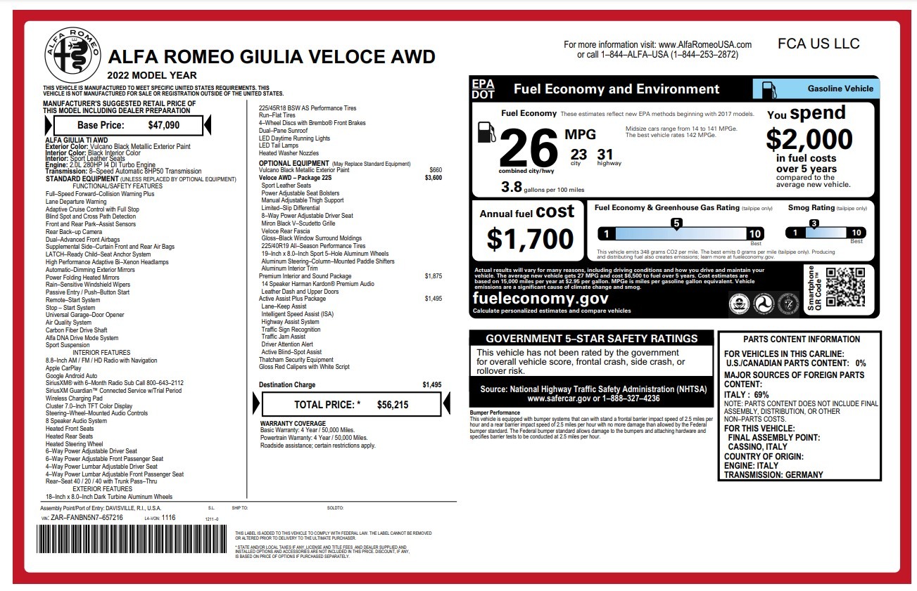 Used 2022 Alfa Romeo Giulia Veloce for sale $28,900 at Pagani of Greenwich in Greenwich CT 06830 1