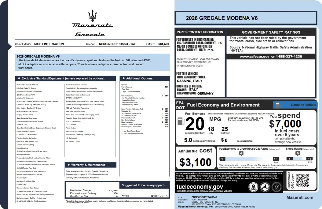 New 2026 Maserati Grecale Modena V6 for sale $100,905 at Pagani of Greenwich in Greenwich CT 06830 1