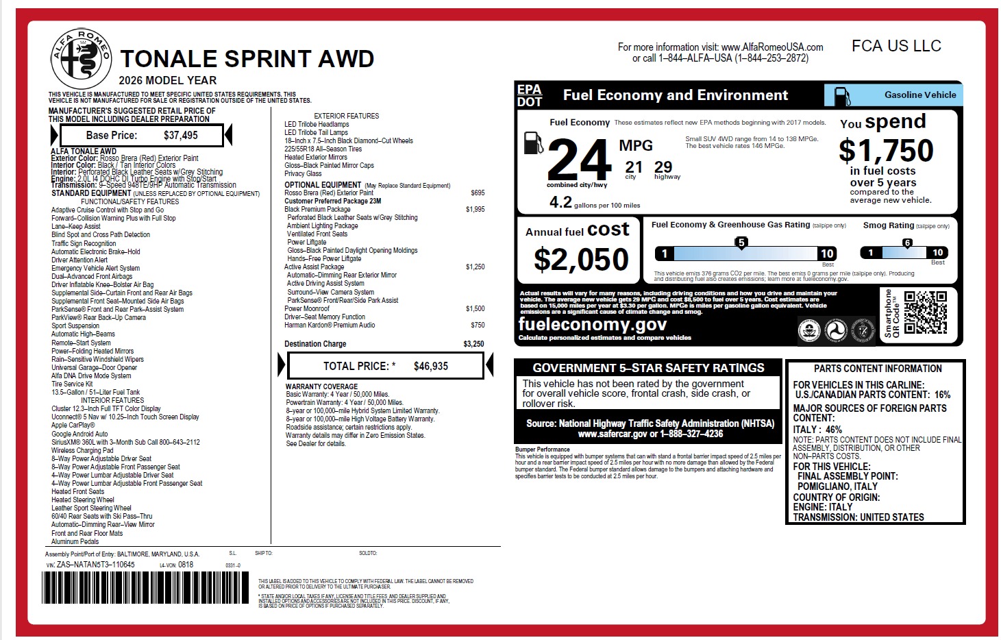 New 2026 Alfa Romeo Tonale Sprint for sale $46,935 at Pagani of Greenwich in Greenwich CT 06830 1