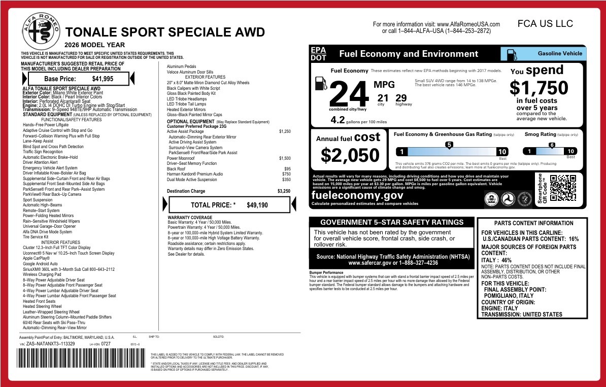 New 2026 Alfa Romeo Tonale Sport Speciale for sale $49,190 at Pagani of Greenwich in Greenwich CT 06830 1