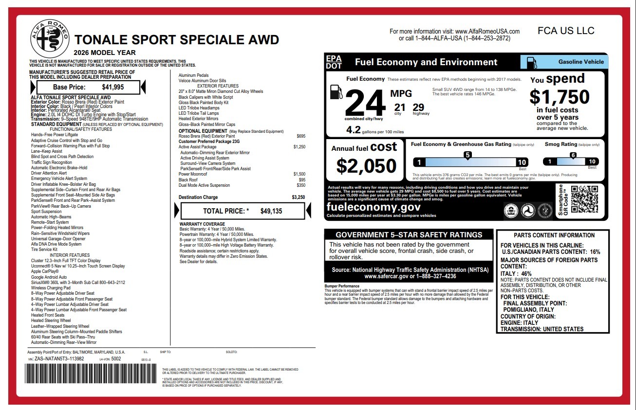 New 2026 Alfa Romeo Tonale Sport Speciale for sale $49,135 at Pagani of Greenwich in Greenwich CT 06830 1