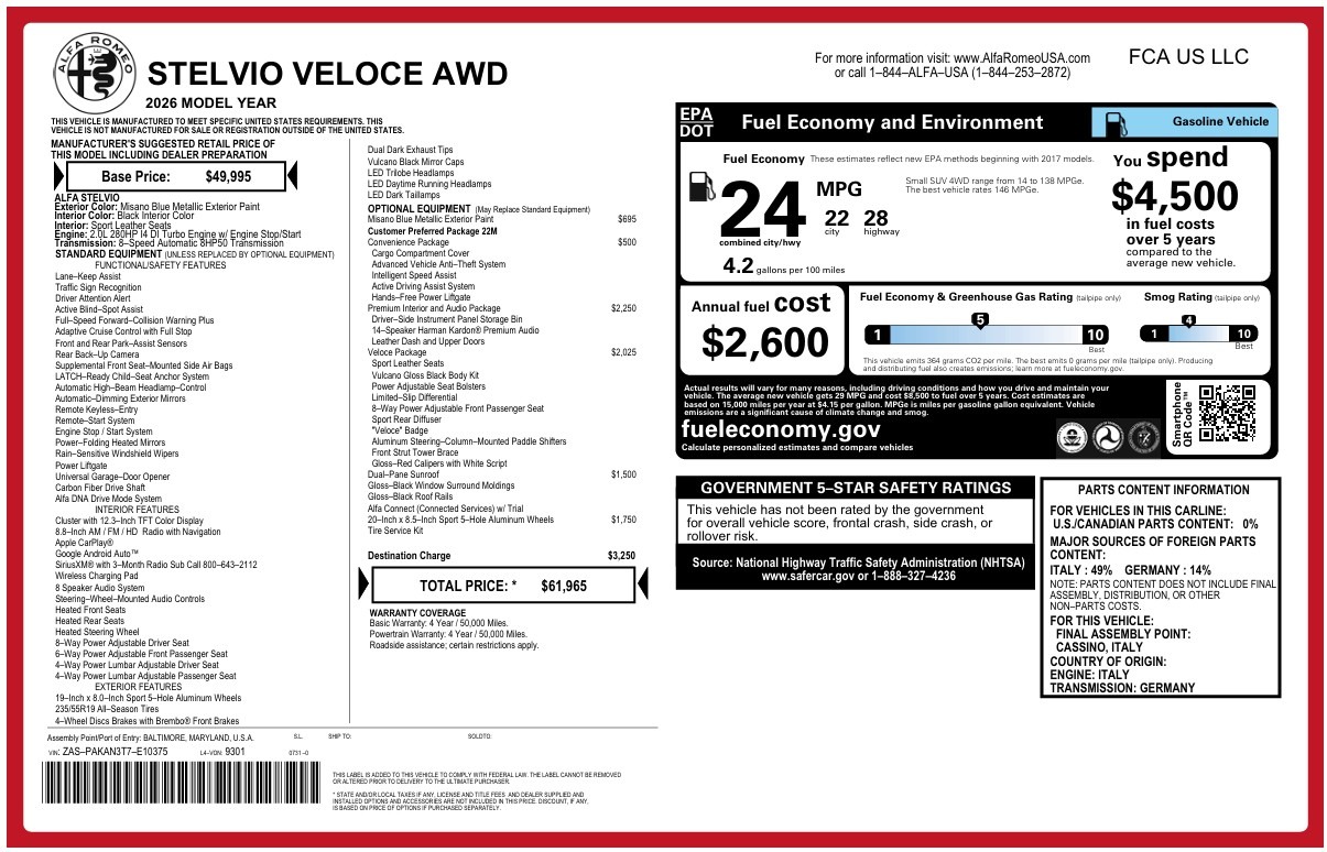 New 2026 Alfa Romeo Stelvio Veloce for sale $61,965 at Pagani of Greenwich in Greenwich CT 06830 1