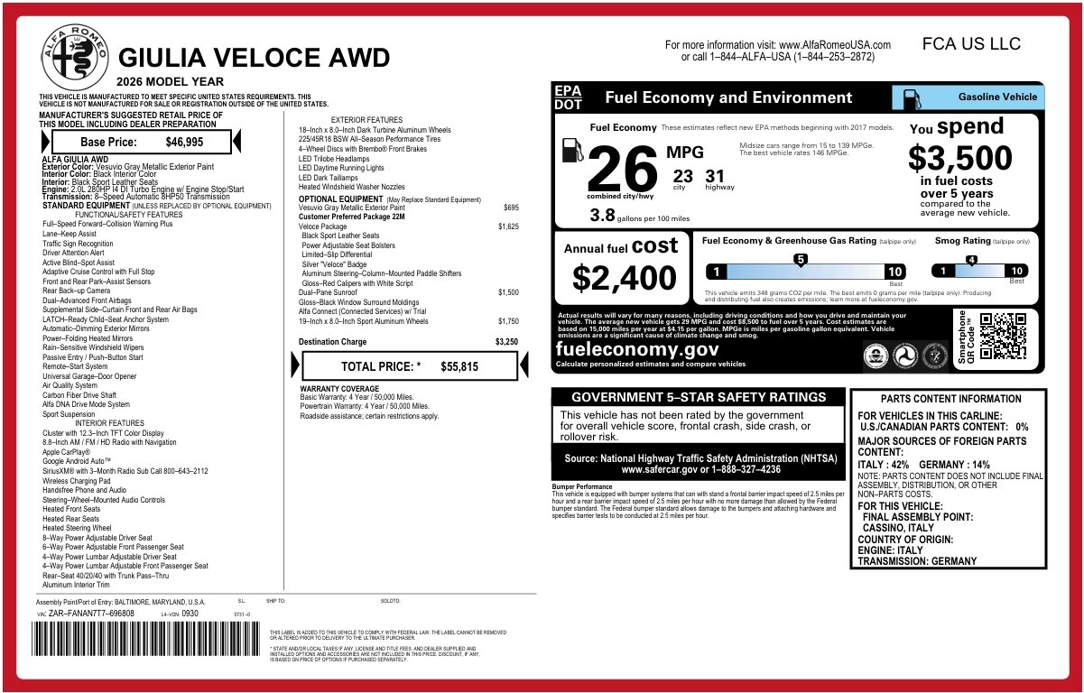 New 2026 Alfa Romeo Giulia Veloce for sale $55,815 at Pagani of Greenwich in Greenwich CT 06830 1