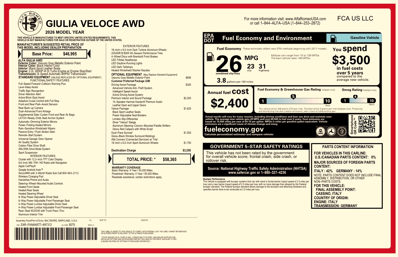 New 2026 Alfa Romeo Giulia VELOCE for sale $58,365 at Pagani of Greenwich in Greenwich CT 06830 1
