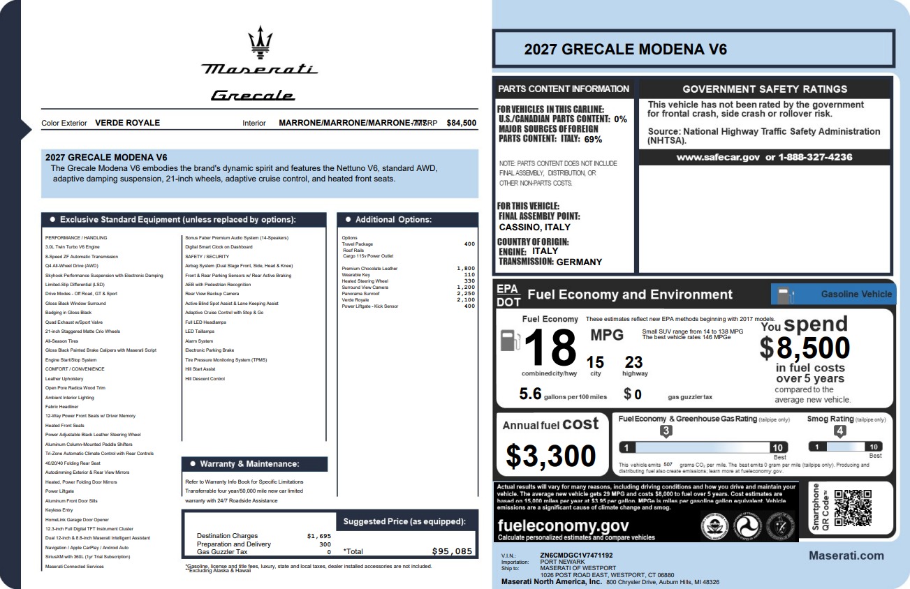 New 2027 Maserati Grecale Modena V6 for sale $95,085 at Pagani of Greenwich in Greenwich CT 06830 1