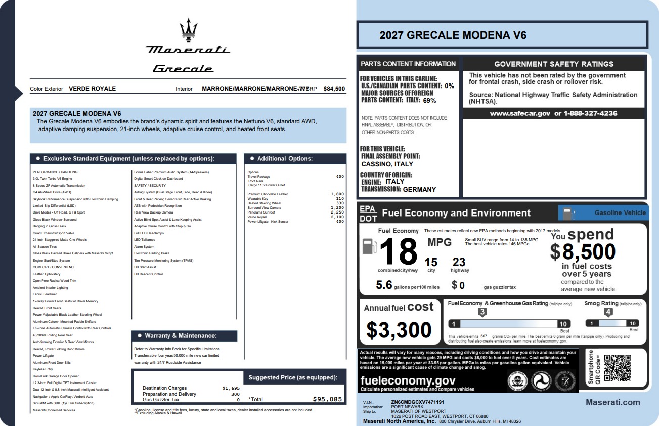 New 2027 Maserati Grecale Modena V6 for sale $95,085 at Pagani of Greenwich in Greenwich CT 06830 1