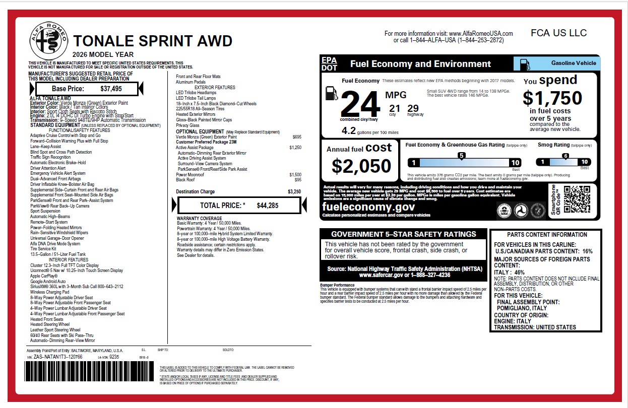 New 2026 Alfa Romeo Tonale Sprint for sale $44,285 at Pagani of Greenwich in Greenwich CT 06830 1